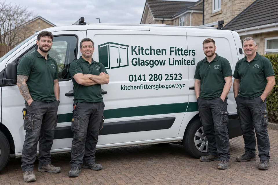 Four kitchen fitters in green workwear beside a signwritten van