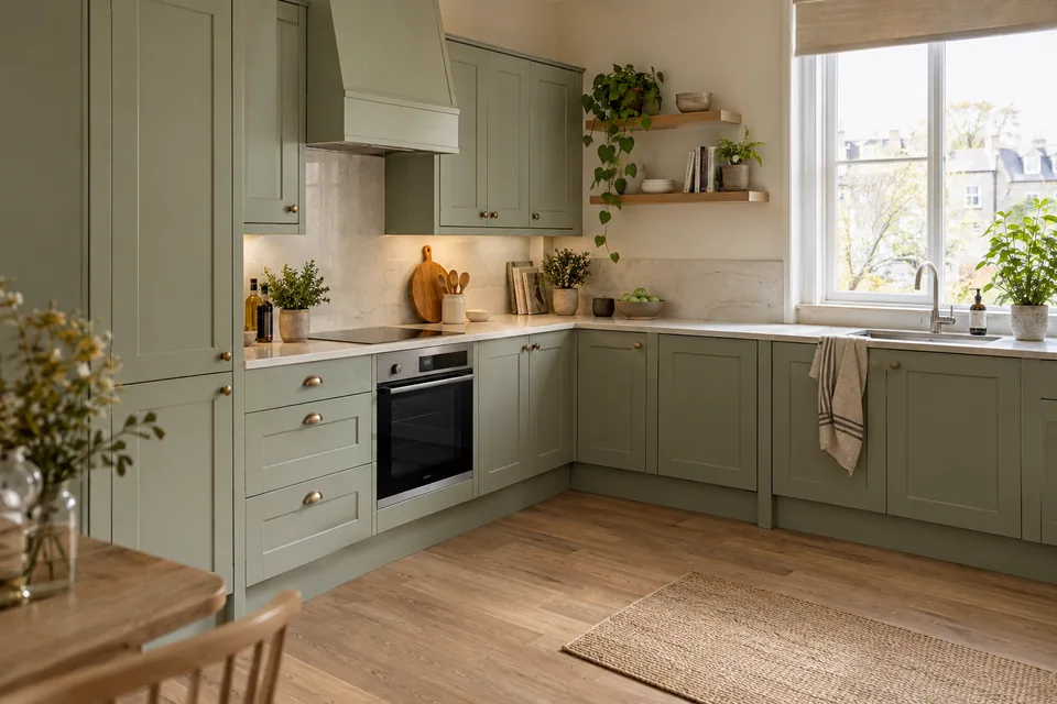 A welcoming sage Shaker and light oak kitchen in a medium Glasgow home, bright window at right, pale quartz-look counters, a practical L-shaped layout and open floor space