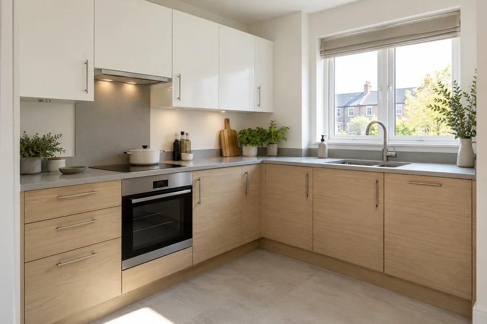 Modern kitchen with flat white and pale oak cupboard fronts