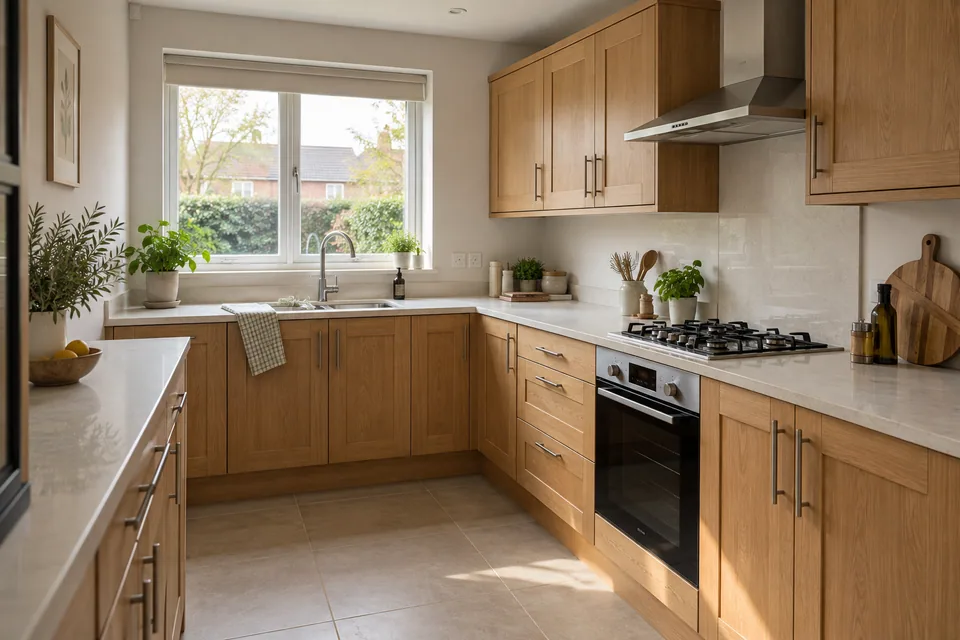 A practical fitted kitchen with timber drawers, fitted oven, sink and pale worktops in an ordinary UK home