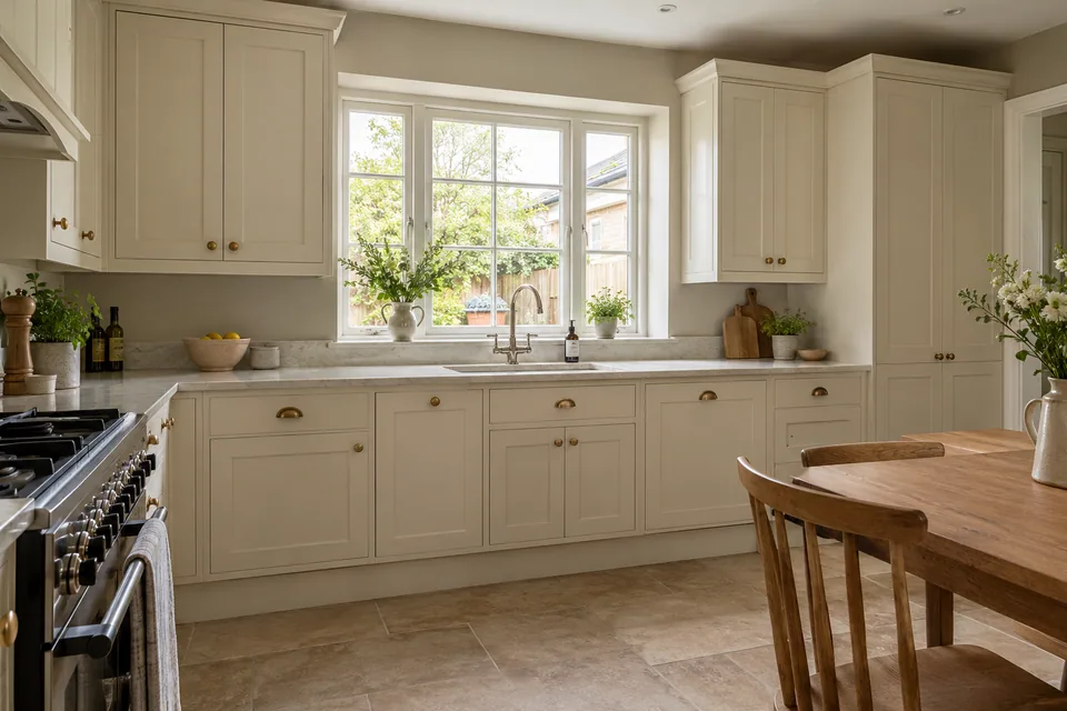 Ivory traditional cabinets around a window in a medium family kitchen